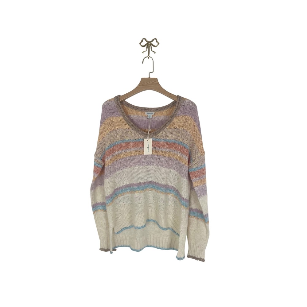 Sundance Striped V-Neck Sweater Pastel Knit High-Low Pullover Small NEW